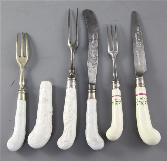 Four Bow white glazed white porcelain handled knives and forks, c.1755-60 9.5 - 22cm